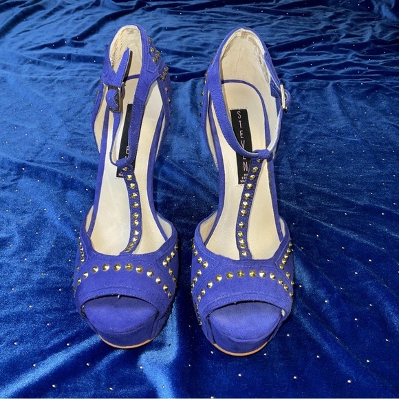 STEVEN by Steve Madden Blue Suede Studded Platform High Heels - Size 6.5 - Picture 1 of 5